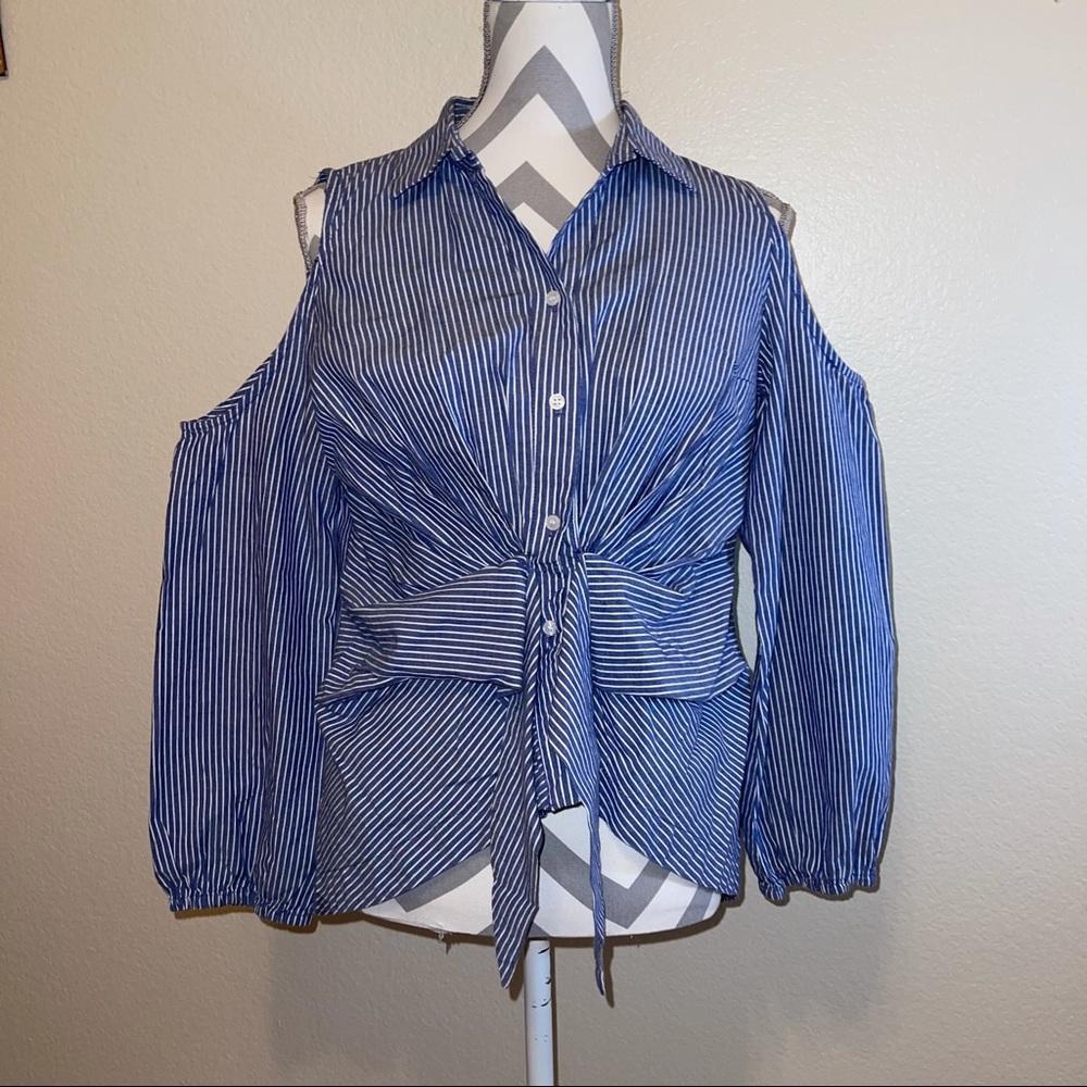 A Hint of Blush Blue Striped Button Down Knot Cold Shoulder Cut Out Button Top M